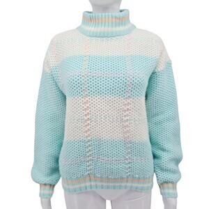 Vintage 80's Mock Neck Pastel Pullover Sweater Blue White L